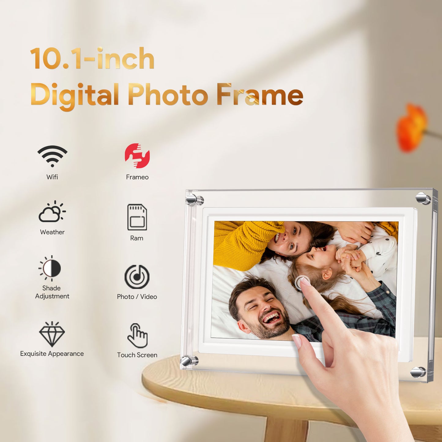 KD® Premium 10.1 inch ( 24,6 cm diagonaal ) Digitale Fotolijst met Wifi, XL IPS Scherm, Acryl Frame en Frameo Compatibiliteit - Full HD Wi-Fi Fotolijst met IPS Display - Touchscreen - Verticaal en Horizontaal Bruikbaar - Frameo App