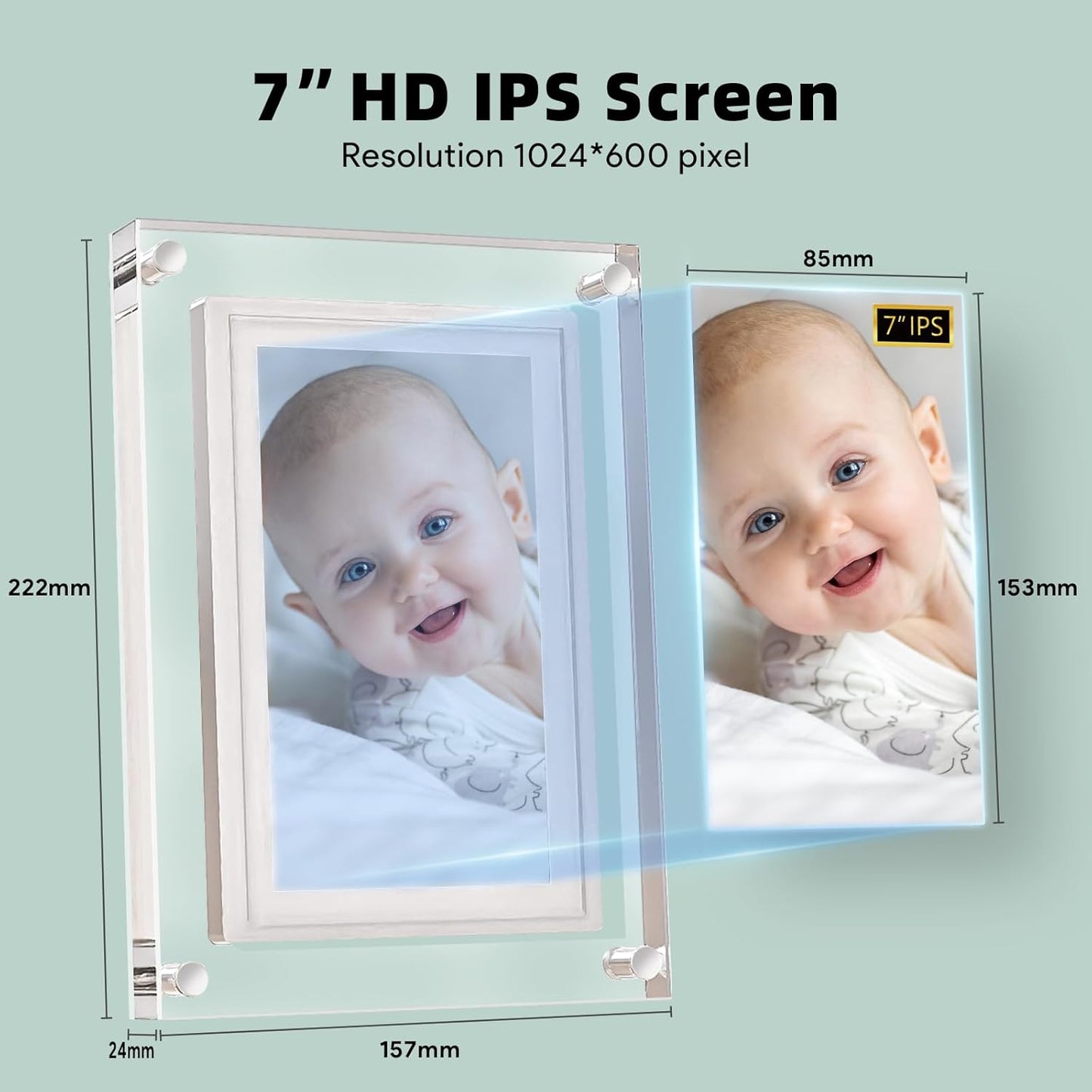 Digitale fotolijst 7 inch - 17.8 diameter - WIFI- Acryl - HD+ - IPS display - USB-C - Touchscreen - KERST - MOEDERDAG