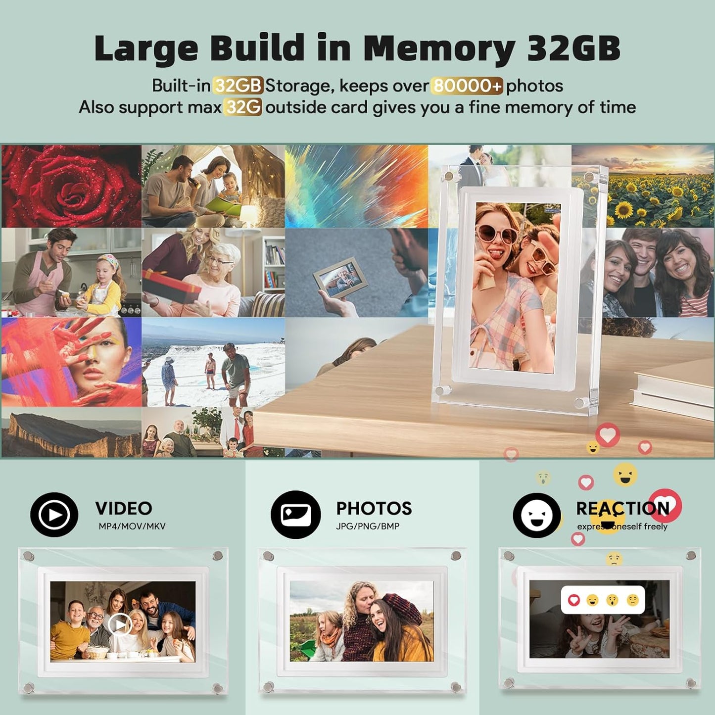 Digitale fotolijst 7 inch - 17.8 diameter - WIFI- Acryl - HD+ - IPS display - USB-C - Touchscreen - KERST - MOEDERDAG