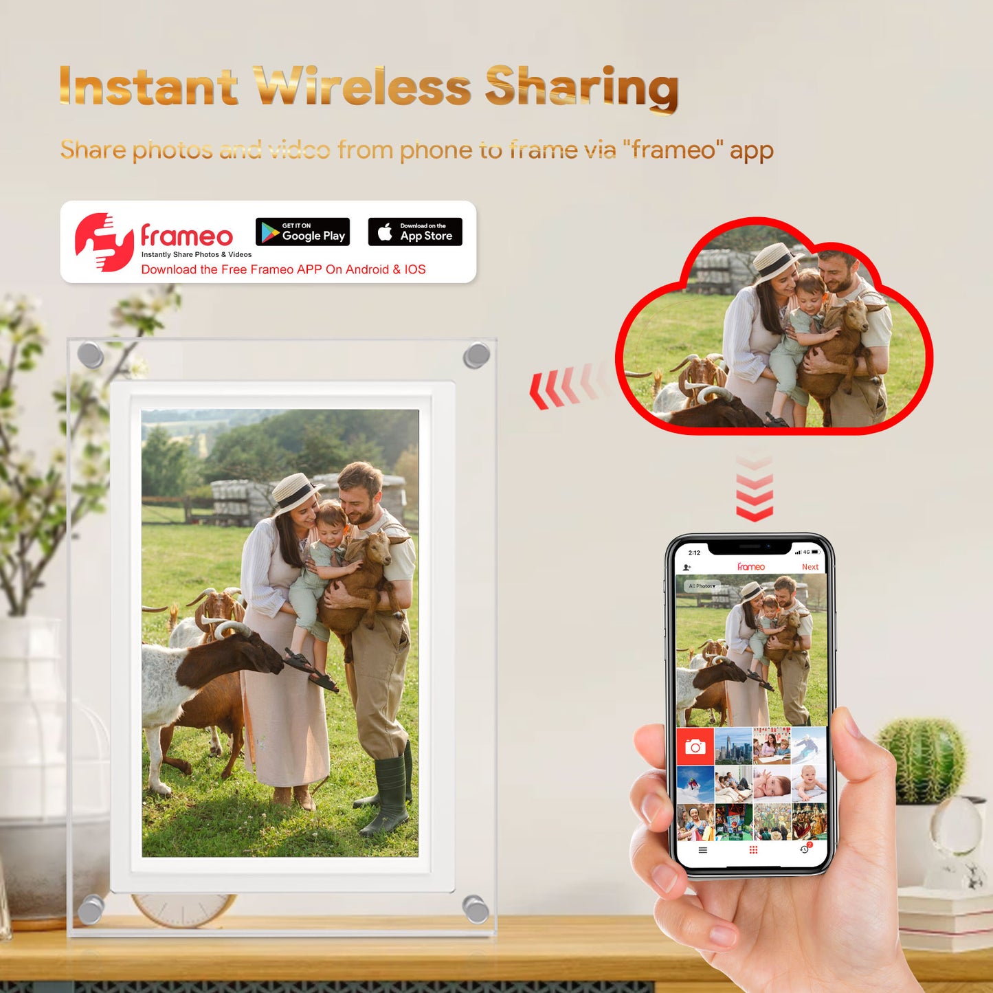 KD® Premium 10.1 inch ( 24,6 cm diagonaal ) Digitale Fotolijst met Wifi, XL IPS Scherm, Acryl Frame en Frameo Compatibiliteit - Full HD Wi-Fi Fotolijst met IPS Display - Touchscreen - Verticaal en Horizontaal Bruikbaar - Frameo App