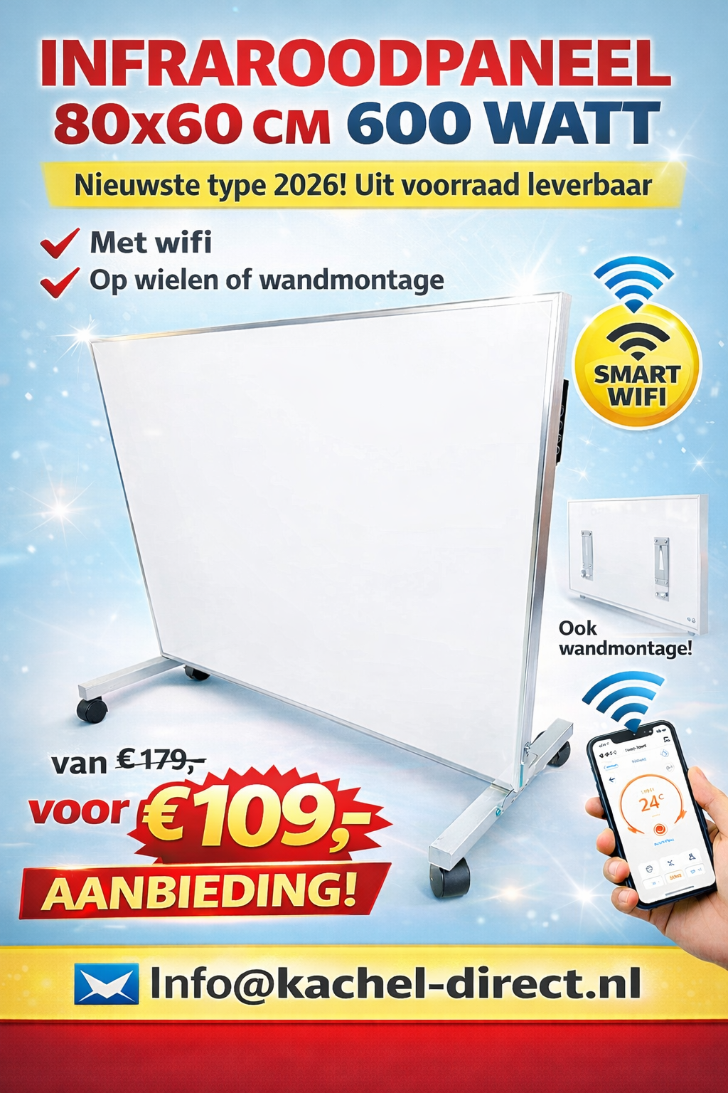 Infrarood verwarmingspaneel | 600 watt met thermostaat en wifi | carbon paneel type 2026